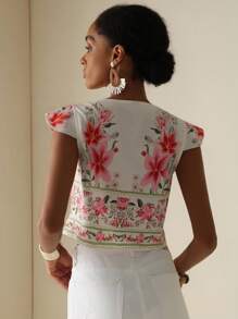 Vesra Elegant Summer Floral Print & Tied Hem Cropped Blouse Top - Multicolor - View 3