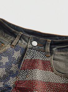 ROMWE Grunge Punk Y2K Style America Flag Rhinestone Decor Retro Washed Denim Skinny Shorts