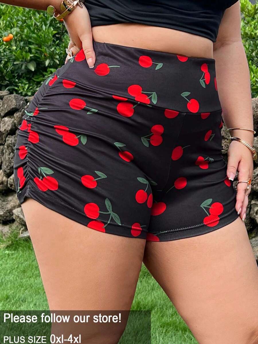 SHEIN EZwear Quần short in hình trái cây cạp cao cho nữ cỡ lớn, mùa hè - Nhiều màu - Xem 1