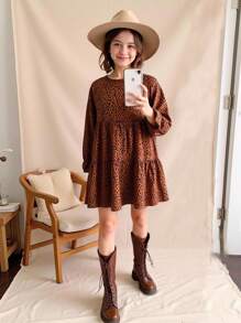 SHEIN Tween Girl Dalmatian Print Flounce Sleeve Ruffle Hem Dress - Brown - View 7