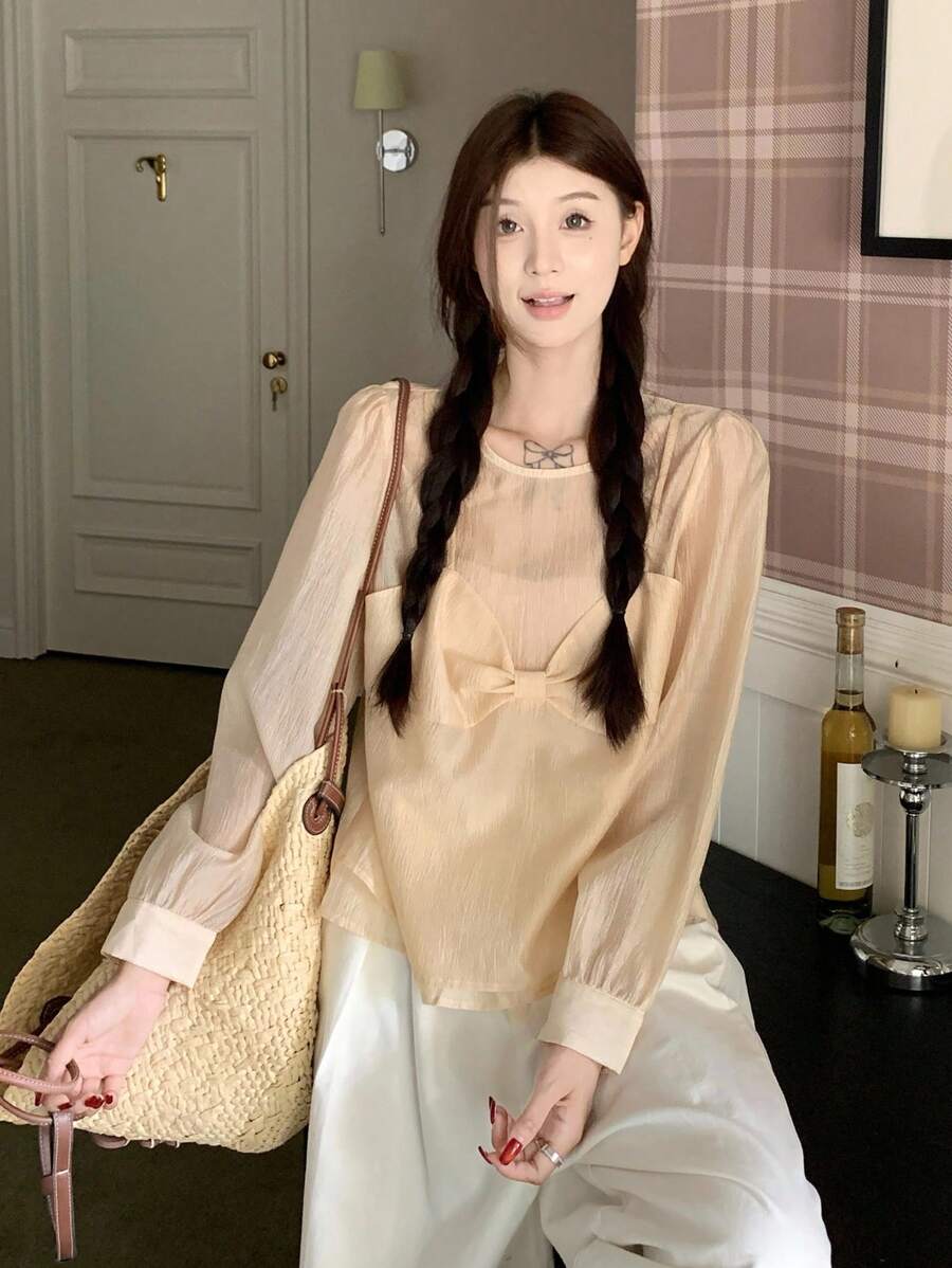 DAZY Women's Casual Round Neck 2 In 1 Long Sleeve Shirt,Fall Women Clothes