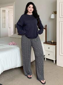 Dazy Plus 加大码两件套家居服套装 - 宽松圆领上衣和碎花裤、睡衣/睡衣套装、秋装