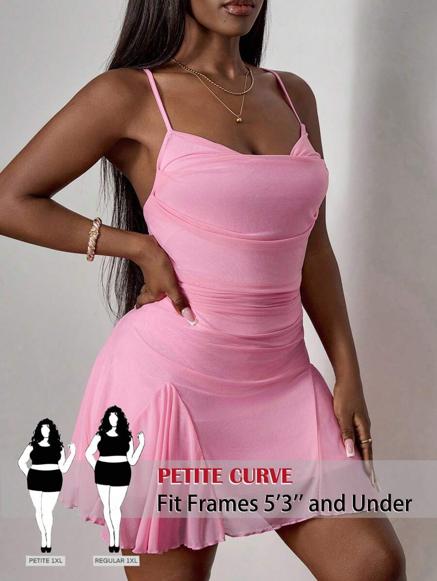 SHEIN PETITE CURVE 大码女式纯色垂坠领口荷叶边下摆无袖连衣裙,夏季 - 西瓜粉 - 查看 1