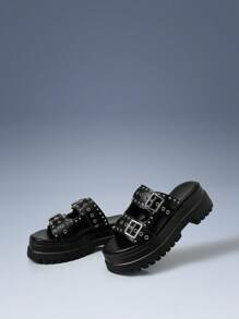 CUCCOO GRLICON 女士金属孔眼绑带坡跟凉鞋，机车风，酷女孩必备，适合春夏、度假、旅行，2000年代时尚 - 黑色 - 查看 5