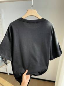 SHEIN EZwear 大码女式时尚水洗短袖T恤 - 黑色 - 查看 5