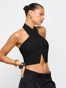 AiiRZ 优雅交叉露肩露脐上衣，摩登派对晚宴时尚无袖夜店装，春夏皆宜，露肩款式。 - 黑色 - 查看 4