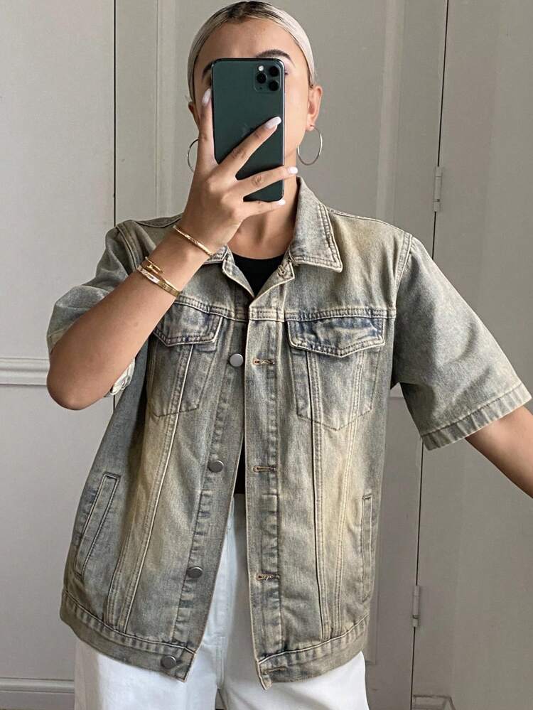 Women's Casual Washed Denim Short Sleeve Jacket