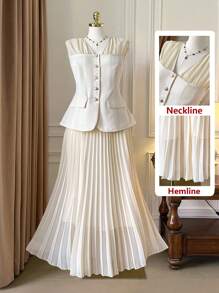 SHEIN Unity 2pcs Apricot Elegant Camisole Top With Pleated A-Line Skirt Set