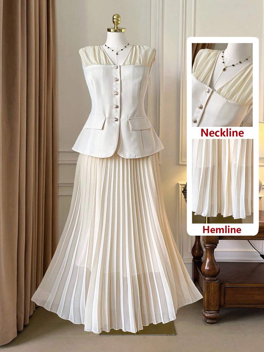 SHEIN Unity 2pcs Apricot Elegant Camisole Top With Pleated A-Line Skirt Set