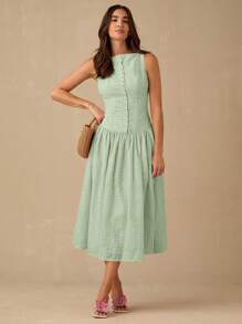 Enchnt Women's Vacation Embroidery & Button Design Sleeveless Elegant Dress - Mint Green - View 4