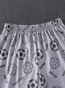 SHEIN Bộ đồ ngủ trẻ em Dozemod dành cho bé trai tuổi teen, kiểu dáng tối giản, họa tiết bóng đá, cổ tròn, tay ngắn, quần short, dáng rộng, thoải mái, 2 món. - Màu xanh Bạc hà - Xem 3