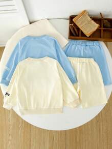 SHEIN 4pcs/Set Young Boy Casual Sports Sweatshirt+Shorts,Cute Letter Print Solid Color Outfit For Autumn,School,Back-To-School,Street Chic College Style - Multicolor - View 2