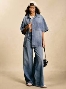 Easelle Women's Solid Color Casual Short-Sleeved Denim Shirt With Rhinestones On The Front, Sparkling, Independence Day, Outdoor, Back To School, Vintage, Streetwear