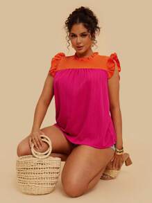 SHEIN VCAY Plus Size Boho Two Tone Ruffle Trim Frill Neck Blouse, For Summer - Multicolor - View 3