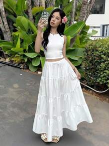 SHEIN Teen Girls Casual Comfy Round Neck Tank Top & Cake Skirt 2Pcs Outfit Set