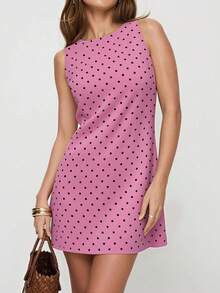 INAWLY 女士波尔卡圆点印花露背系带迷你度假连衣裙，夏季 - 粉色 - 查看 2