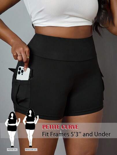 SHEIN PETITE CURVE Shorts de ciclismo informales y con bolsillos para mujer de talla grande, ropa de verano para mujer, prendas inferiores para mujer, mallas, shorts de ciclista, pantalones negros, pantalones de chándal, shorts negros, shorts de talla grande