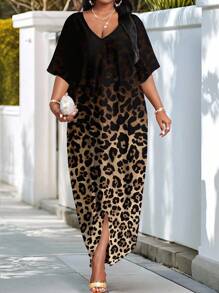 SHEIN Lady Đầm suông họa tiết da báo cổ chữ V tay dài màu trơn rộng rãi phong cách ngày lễ thường ngày - Nhiều màu - Xem 3