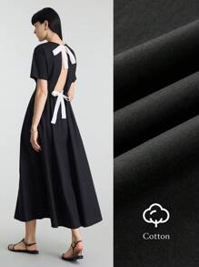 Ontre 2025 夏季新款度假风格露背设计蝴蝶结肩带撞色缎带短袖宽松 A 字中长连衣裙，女式休闲黑色长裙 - 黑色 - 查看 2