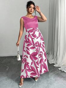 Elenzga Đầm dự tiệc không tay họa tiết cây thanh lịch cỡ lớn cho nữ - Màu Hồng Tươi - Xem 1