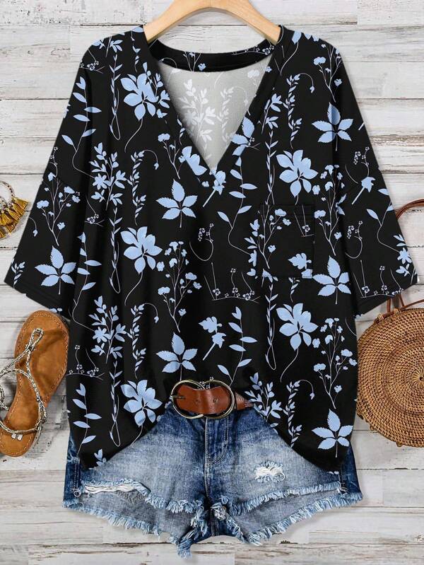 EMERY ROSE Plus Size Casual Floral Print Black T-Shirt, Suitable For Summer