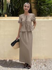 Livesso 2pcs/Set Women Summer Solid Color Front Tie Ruffle Hem Top And Skirt Set
