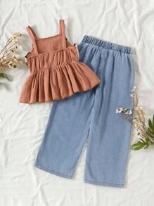 Set de top de tirantes de encaje vintage y pantalón vaquero largo para niña (talla pequeña), nueva vestimenta de estilo retro y popular para el verano