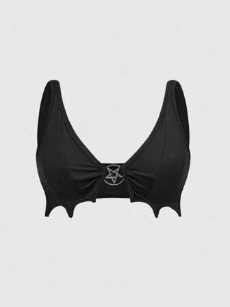 Goth Camiseta sin tirantes asimétrica con bajo con murciélago y colgante de metal con pentágrama, talla grande, para el verano oscuro