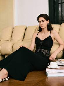 Camicia da notte sexy da donna in pizzo e patch con spalline - nero - Visualizzare 3