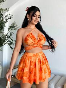 SHEIN SXY 2件套女士吊带比基尼上衣和迷你裙套装 - 橘色 - 查看 6