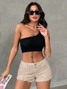 EURMUSE 100%Cotton Solid Color Frayed Hem Denim Shorts - Apricot - View 3