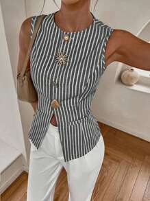 Siren Gaze 女式夏季休闲通勤条纹前扣背心 - 黑與白 - 查看 2