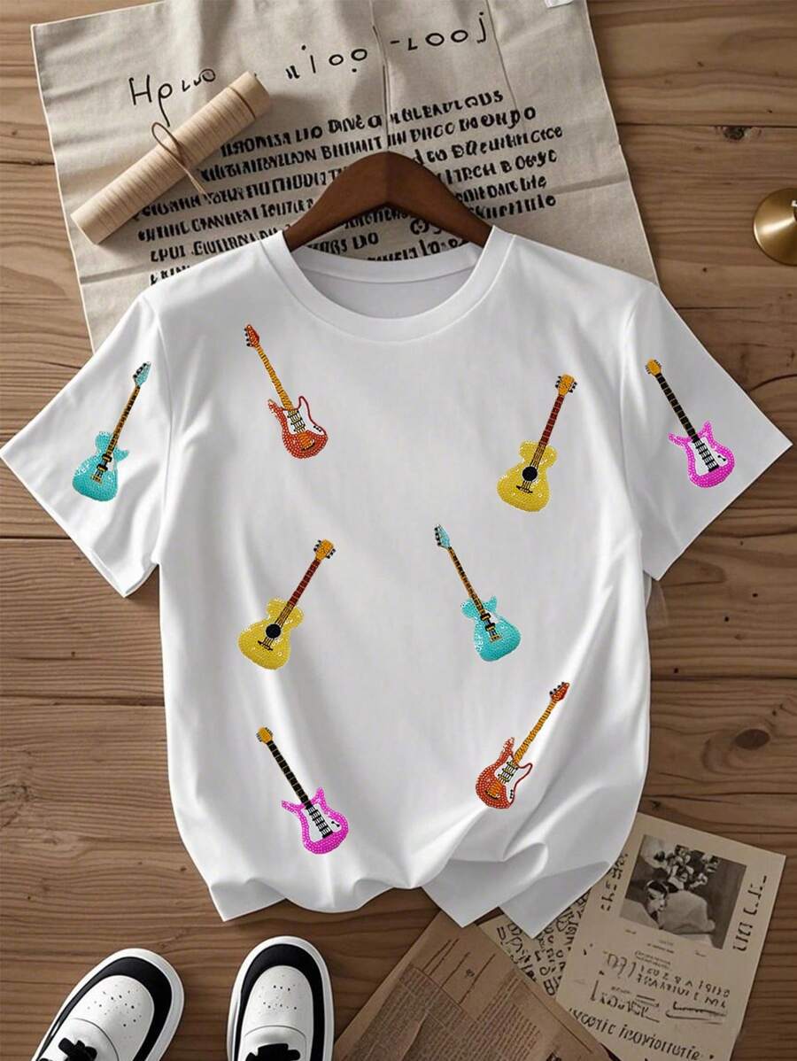 吉他印花圆领短袖T恤，休闲夏季 - 彩色 - 查看 1