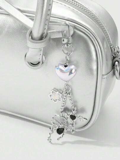 Kawaii 1pc Y2K Vintage Goth Style Silver Flower Resin Star CCB Beaded Black Crystal 3D Heart Wings Cross Spider DIY Keychain Bag Charm Phone Decor, Suitable For Women Daily/Holiday Gift