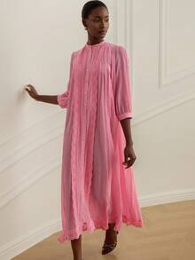 BELROSIE Elegant Soft Pink Long Dress For Women,Autumn Lace Trim Decor Open-Front 3/4 Lantern Sleeve,Lightweight Luxury & Chic Brunch Beach Holiday Style - Watermelon Pink - View 5