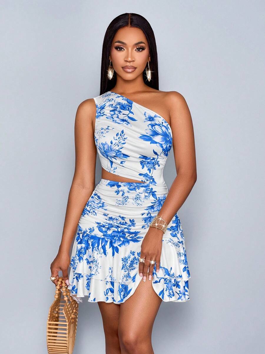 SOLERSUN 春夏女装优雅休闲度假连衣裙，白底黄色花卉印花，无袖不对称褶皱肩部，腰部镂空，褶皱下摆搭配双层荷叶边，针织迷你连衣裙 - 藍白色 - 查看 1