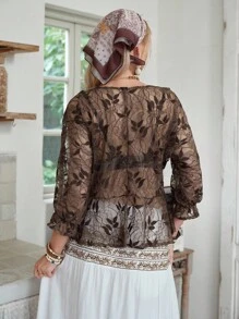LanaWest Women's Boho Lace Snap Front Fitted Shirt - Brown - View 2