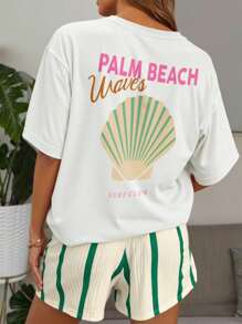 SHEIN EZwear Plus Size Women Summer Letter & Shell Print Short Sleeve Casual T-Shirt - White - View 3