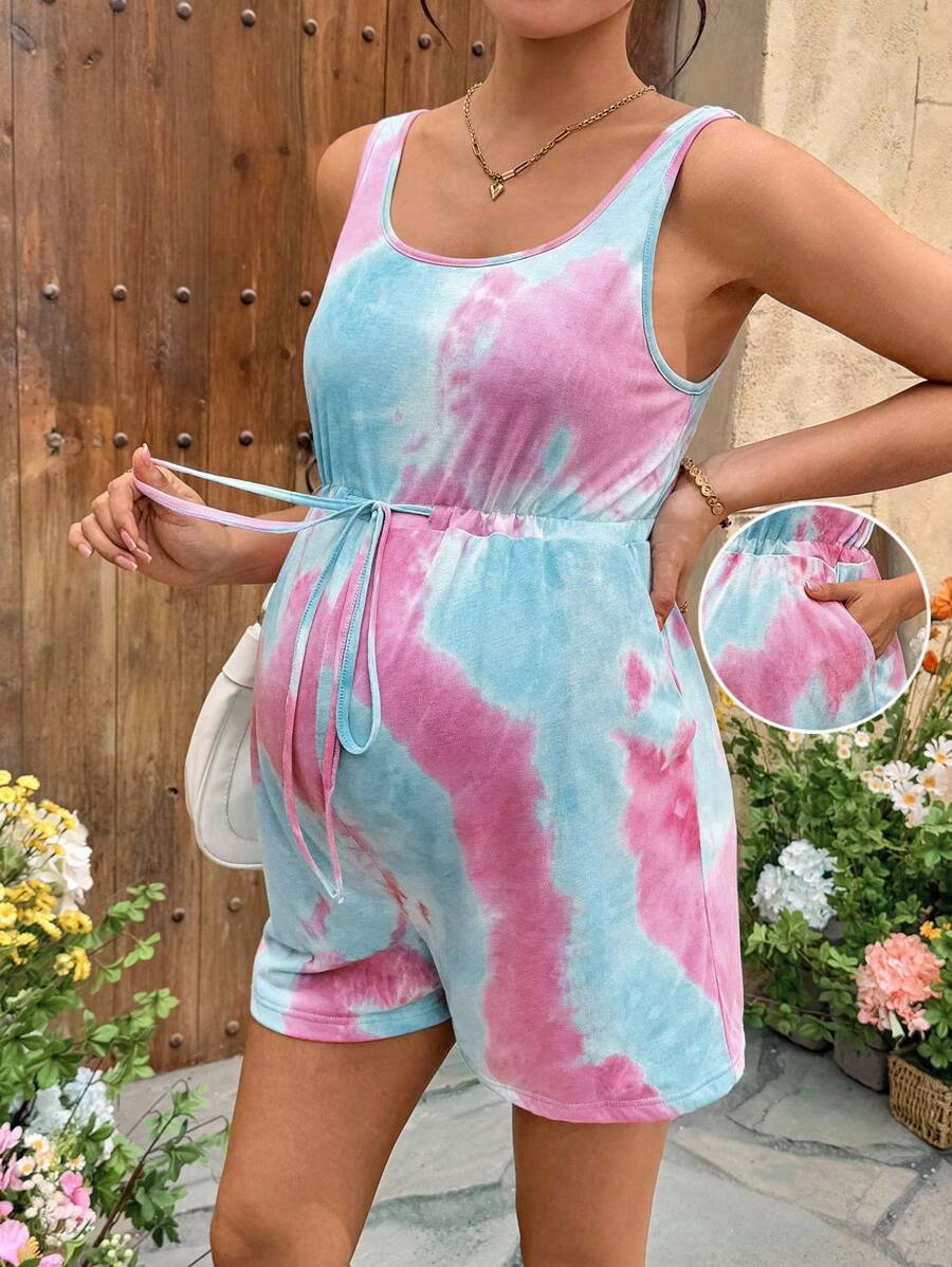 Bộ đồ liền thân không tay cổ tròn thắt nút in họa tiết nhuộm màu cho bà bầu có túi - Màu be - Xem 1