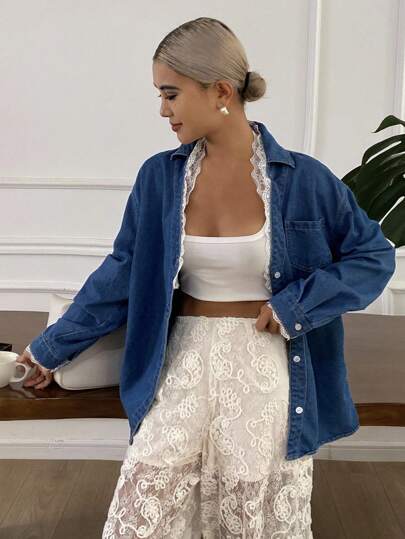 Livesso 女士牛仔上衣，领口和袖口饰有蕾丝花边，牛仔外套，秋季女装长袖