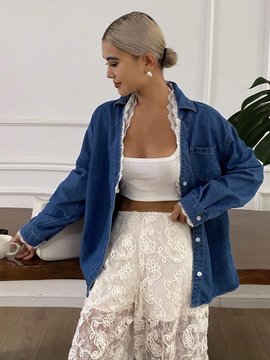 Livesso 女士牛仔上衣，领口和袖口饰有蕾丝花边，牛仔外套，秋季女装长袖 - 藍色 - 查看 1