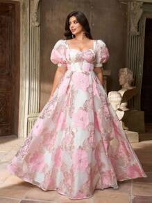 Aureia Vestido midi plus size elegante, luxuoso, de organza jacquard, com mangas bufantes, costas abertas e amarradas, adequado para casamentos, festas, férias, bailes, festivais de música e ocasiões formais (com bordados intensos) - Rosa - Ver 1