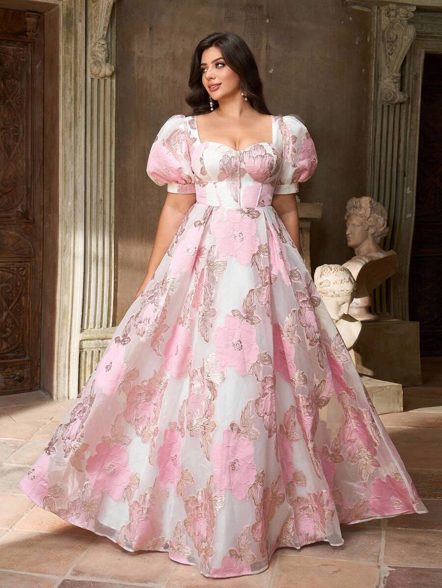 Aureia Vestido midi plus size elegante, luxuoso, de organza jacquard, com mangas bufantes, costas abertas e amarradas, adequado para casamentos, festas, férias, bailes, festivais de música e ocasiões formais (com bordados intensos) - Rosa - Ver 1