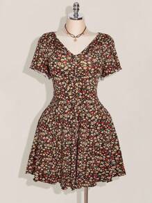 SHEIN ICON Abito corto a maniche corte con stampa floreale, taglie comode, per l'estate, abito floreale, abbigliamento per il ritorno a scuola, abito per ritorno a casa