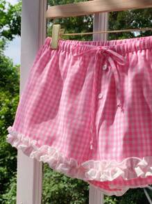 Comfortcana Damen Karoprint Volant Saum Farbblock Lässig Shorts