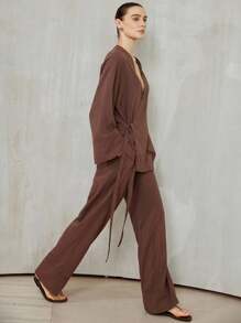 Aveloria Modichic 2pcs Set Solid Color Kimono Style V-Neck Bowknot Tie Side Long Sleeve Top And Pants Fall Cloth For Women