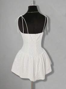 SHEIN ICON Embroidered Skater Dress A-Line Bowknot Waist Lace Panel Detail Mini Dress - White - View 6