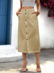 EMERY ROSE Váy ngắn denim đơn hàng ngày xẻ gấu đơn màu trơn cho nữ, mùa hè - Màu Khaki - Xem 6