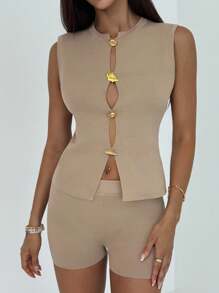 Aloruh New Arrival Simple Style Casual Commute 2 Pieces Knitted Set, Thin Solid Color, Autumn/Winter - Khaki - View 3