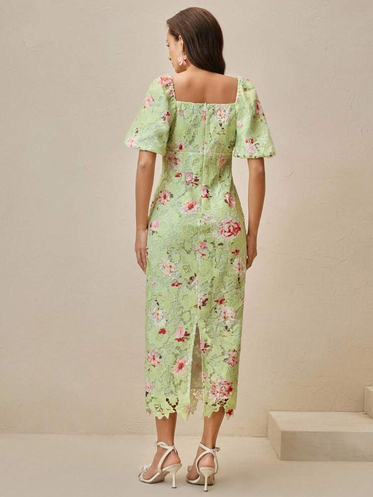 Women's Woven Water-Soluble Lace Lace Lace Bubble Short Sleeved V-Neck Fashionable Printed Dress Floral, Spring/Summer, Elegant